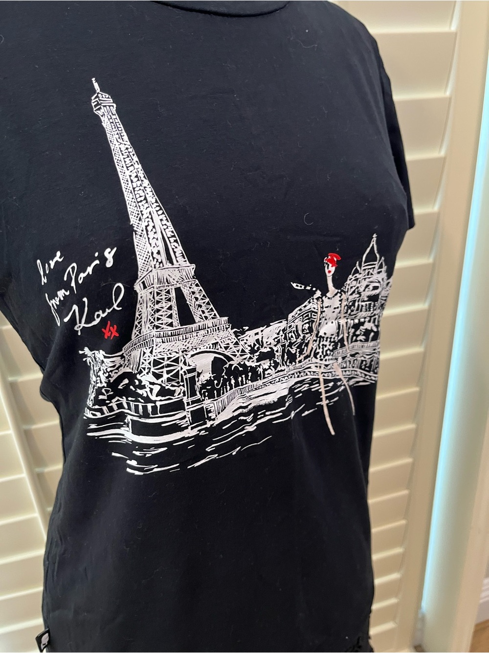 Karl Lagerfeld Black Tee with Paris Skyline Graphic and Red Accents